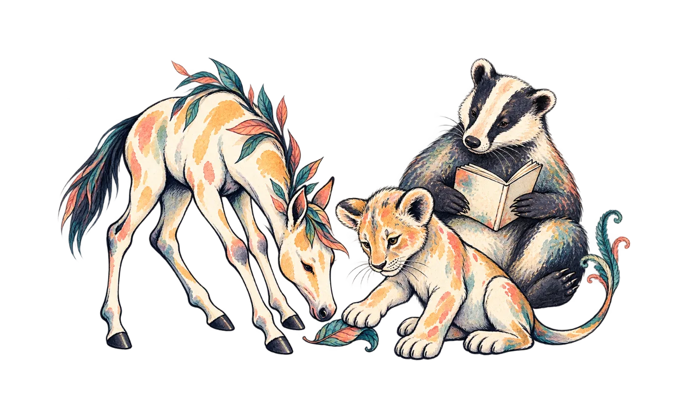 Malina und Morio entdecken ein Blatt, neben ihnen liest ein Dachs. Originalillustration aus der Draußenbande.
